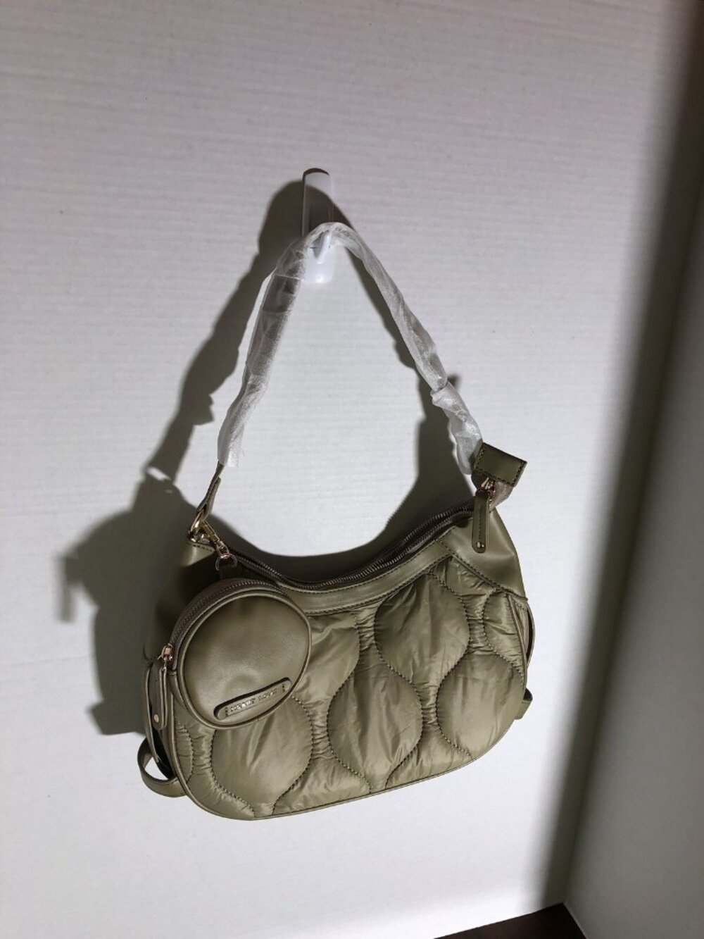 Heart Love Crescent Crossbody  In Beige (looks almost green) 12” x 7” x 4”